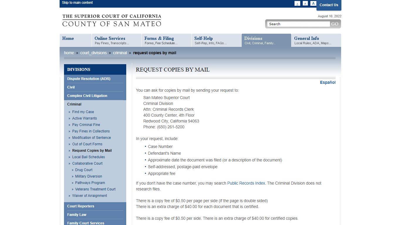 Request Copies by Mail - San Mateo County Superior Court